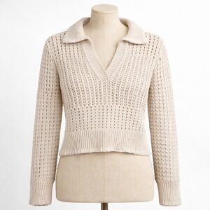 Crochet Polo Sweater Cream Beige Open Knit V Neck Cropped L Preppy Clean Girl